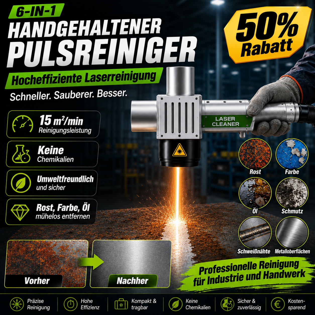 FWH50-P30A Handheld Puls-Laserreinigungskopf | 11 Reinigungsmodi